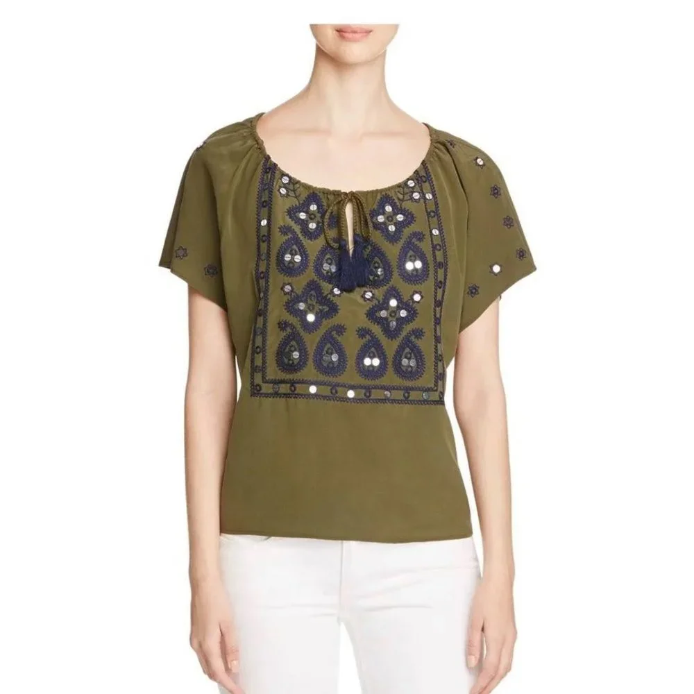 Tory Burch sz 10 Camille olive silk top with navy embroidery/ sequined embellish